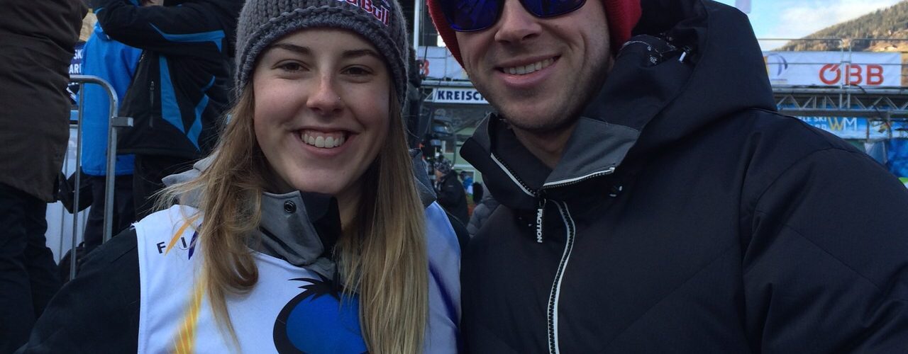 Katie Summerhayes with coach Jamie Matthew after coming 2nd at the World Championships in Kreischberg