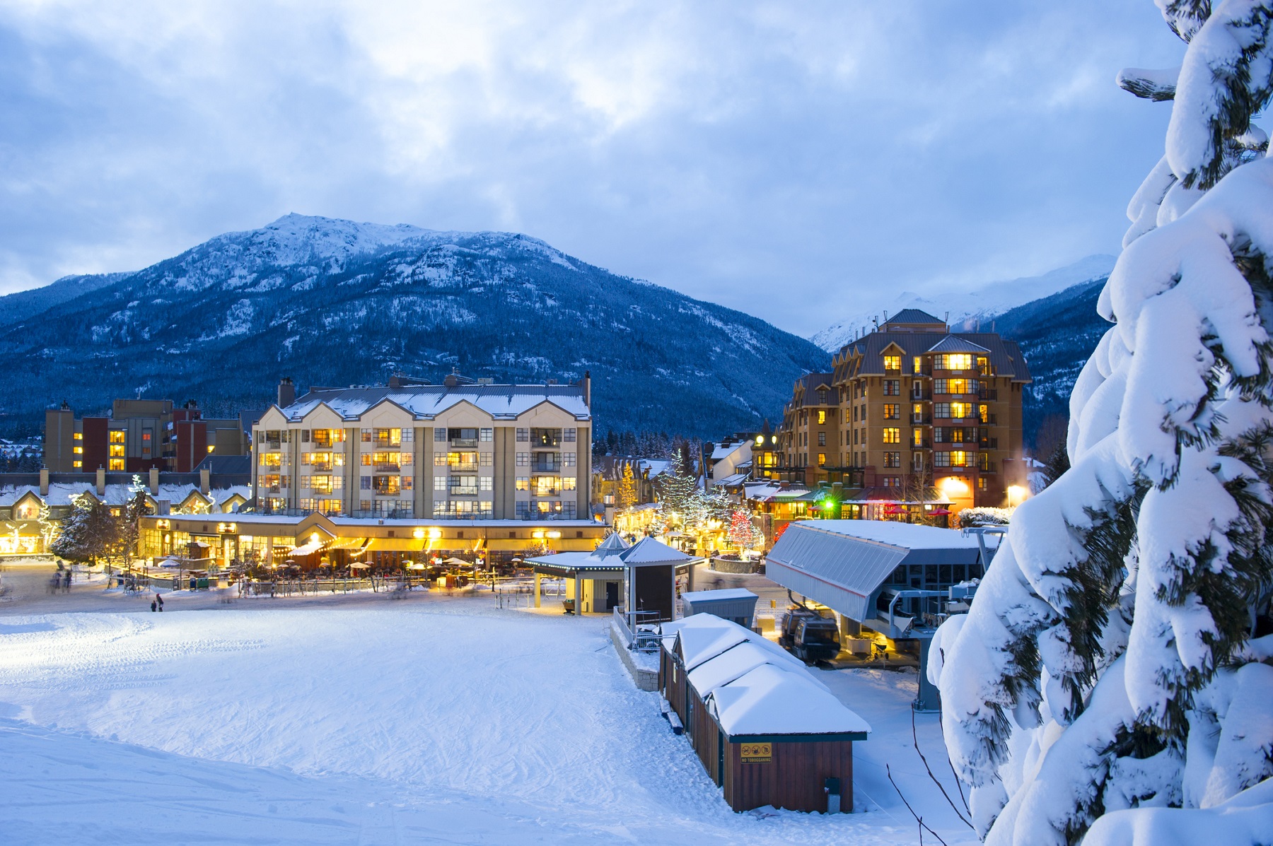 Whistler's world class pedestrian village seen from Whistler Mountain at dusk