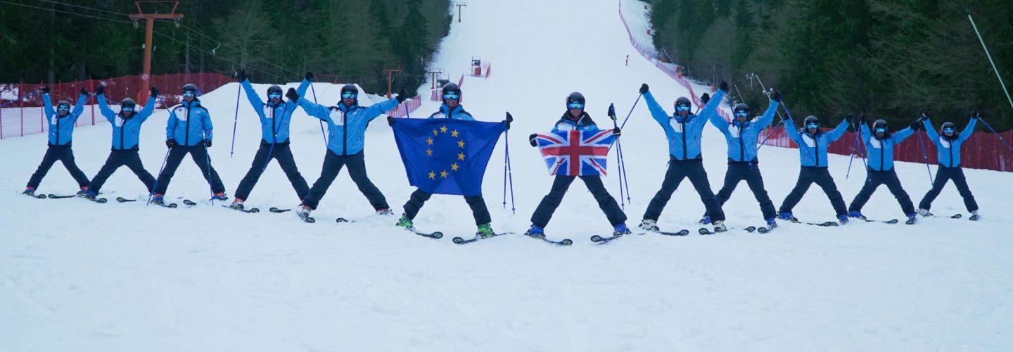 Great Britiains National Education Team Snowsports with EU and Union Jack at World INterski 2019 in Pamorovo Bulgaria small le